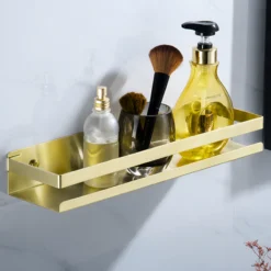 Półka łazienkowa wisząca pod prysznic kuchenna metalowa DELVANT BANO złota szczotkowana 20 cm