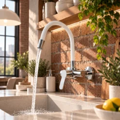 Bateria kuchenna ścienna z elastyczną wylewką wysoka kran DELVANT FLEX biała chrom